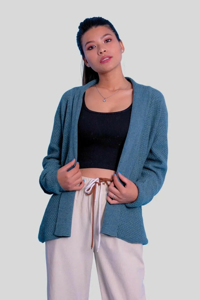 Woman wearing luxury Italian cashmere honeycomb open cardigan