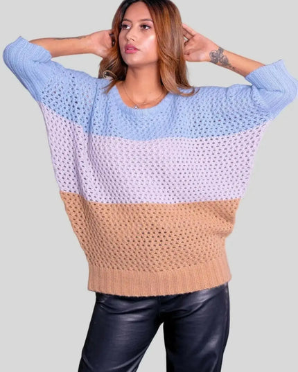 Luxury Italian Cashmere Pullover for Women in Blue and Beige Sweater