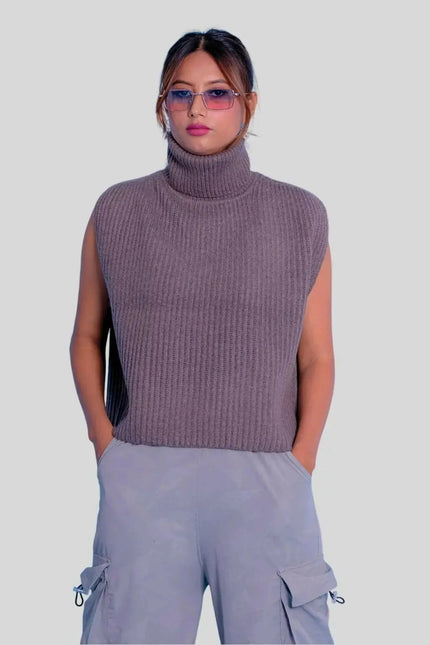 Woman in grey sweater and cargo shorts wearing Luxury Italian Cashmere Turtle Neck ribbed