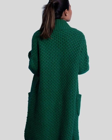 Woman wearing Moss Stitch Heavy Cardigan with turtle neck sweater (KCI 263)