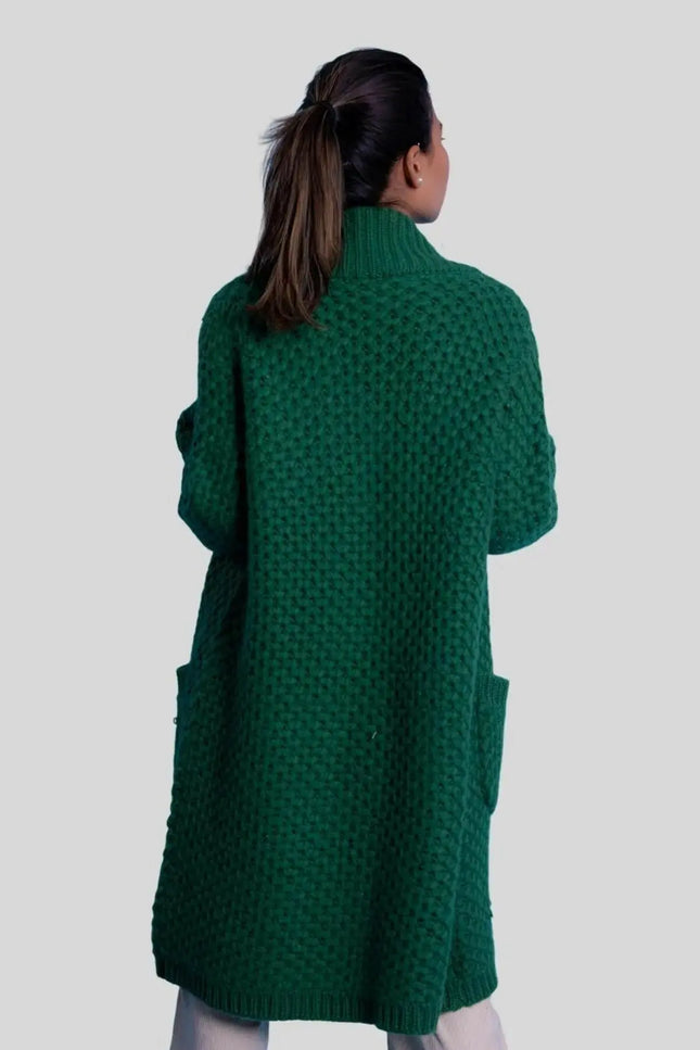 Woman wearing Moss Stitch Heavy Cardigan with turtle neck sweater (KCI 263)