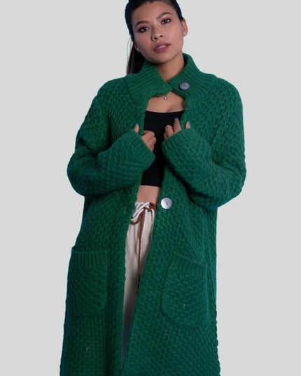 Woman wearing moss stitch heavy cardigan from KCI 263 product