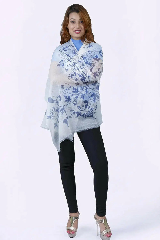 Woman in blue and white floral print cashmere shawl - Printed Cashmere Shawl | KCI 187