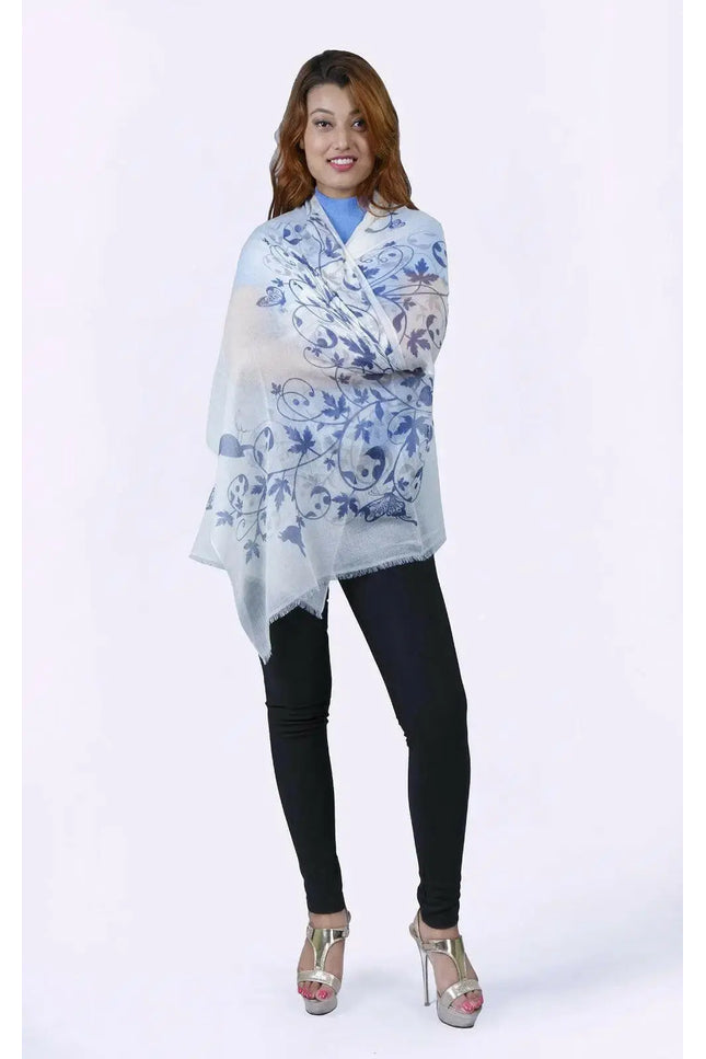 Woman in blue and white floral print cashmere shawl - Printed Cashmere Shawl | KCI 187