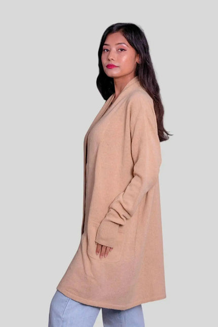 Italian cashmere cardigan in beige coat worn by a woman