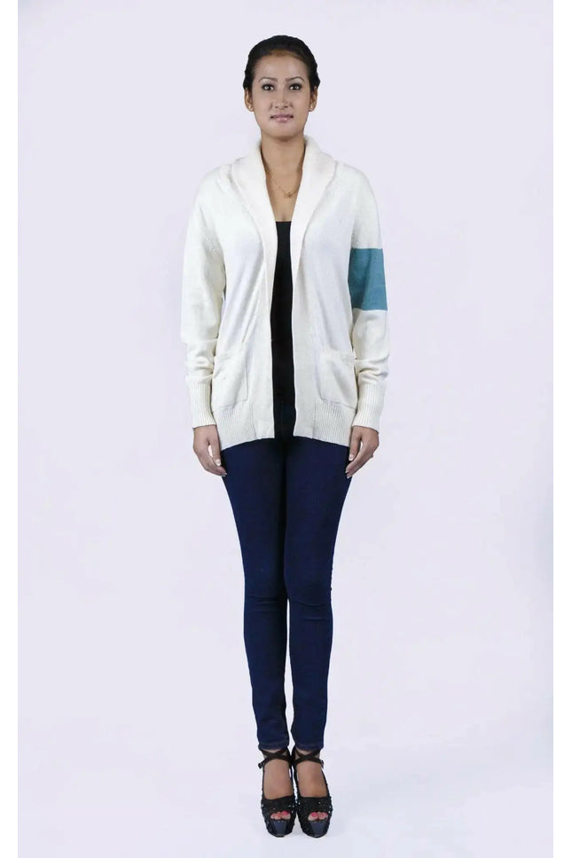 Royal Cashmere Long Cardigan featuring a woman in a white cardigan sweater and jeans