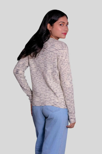 Soft Italian Cashmere Pullover: Woman in white sweater and blue jeans
