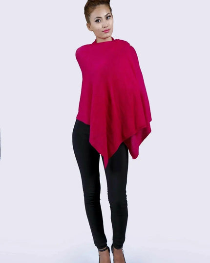 Stylish woman in red cashmere poncho and black pants and heels - Women’s Cashmere Poncho || KCI 134