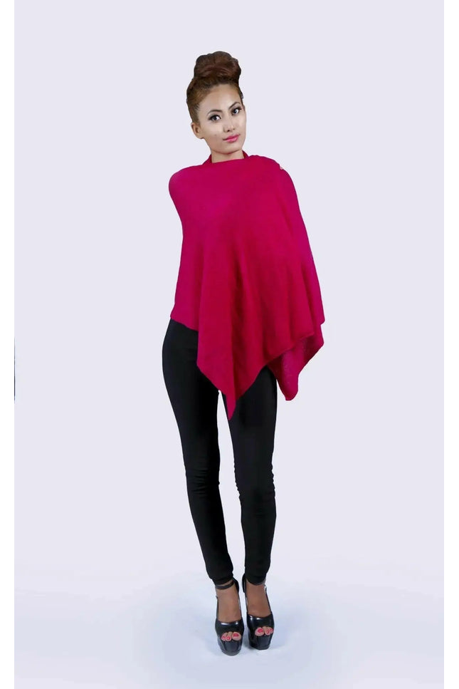 Stylish woman in red cashmere poncho and black pants and heels - Women’s Cashmere Poncho || KCI 134