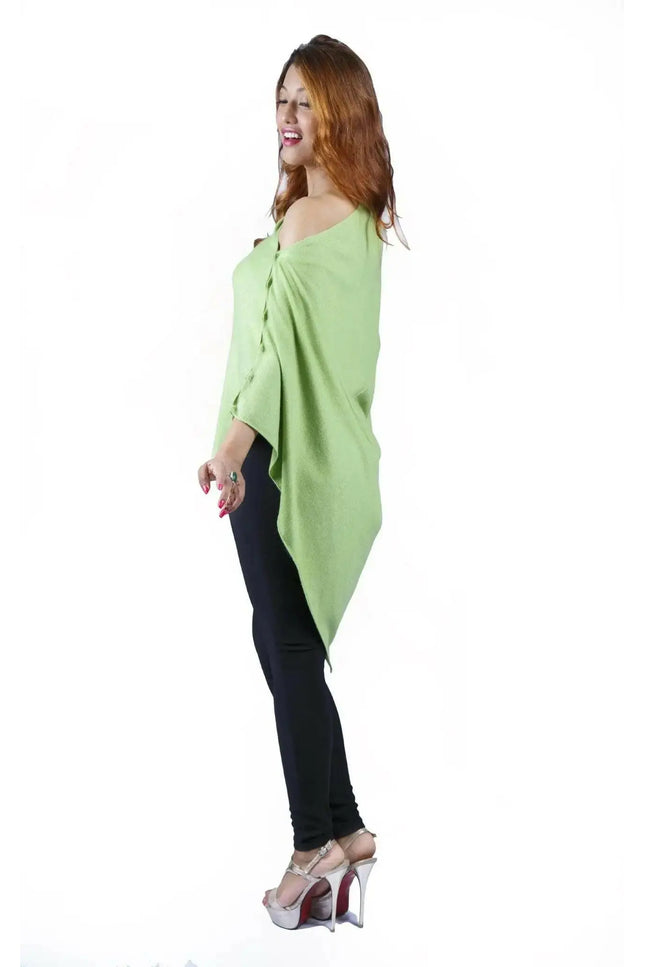 Woman wearing black pants and green sweater with Women’s cashmere poncho | KCI 246