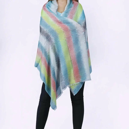 Woman wearing tie dye poncho - Women’s Cashmere Shawl - KCI 101