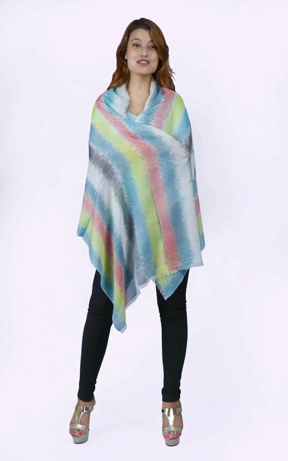 Woman wearing tie dye poncho - Women’s Cashmere Shawl - KCI 101