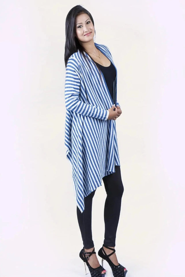 Woman in blue and white striped cardigan showcasing Women’s cashmere wrap - KCI 159