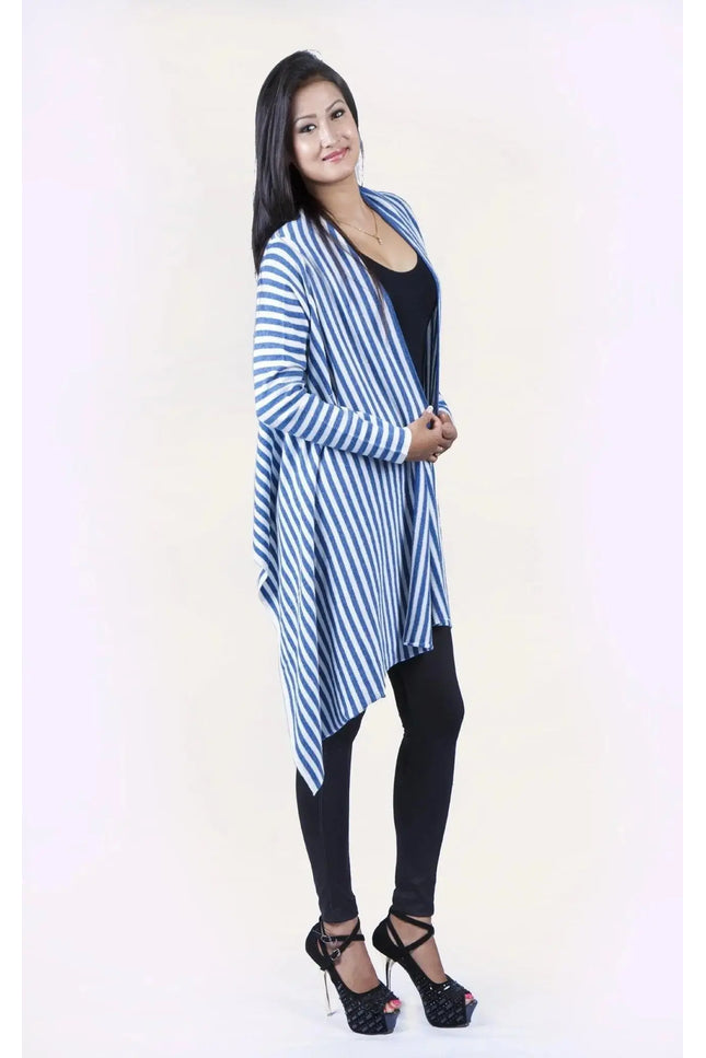 Woman in blue and white striped cardigan showcasing Women’s cashmere wrap - KCI 159